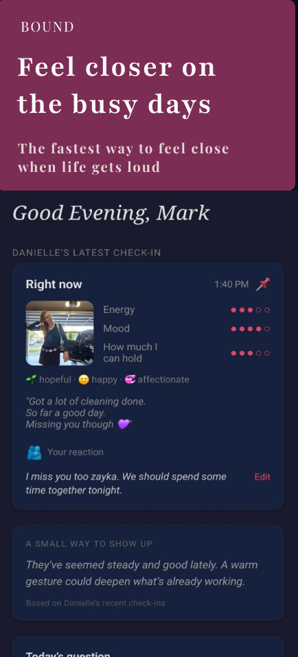 Bound Home screen showing a partner check-in and a gentle suggestion